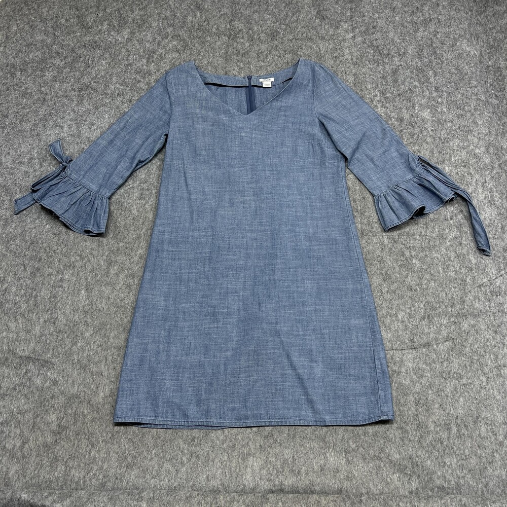 J Crew Dress Womens 2 Blue Chambray Tie-Cuff Bell Sleeve Shift V Neck H5485